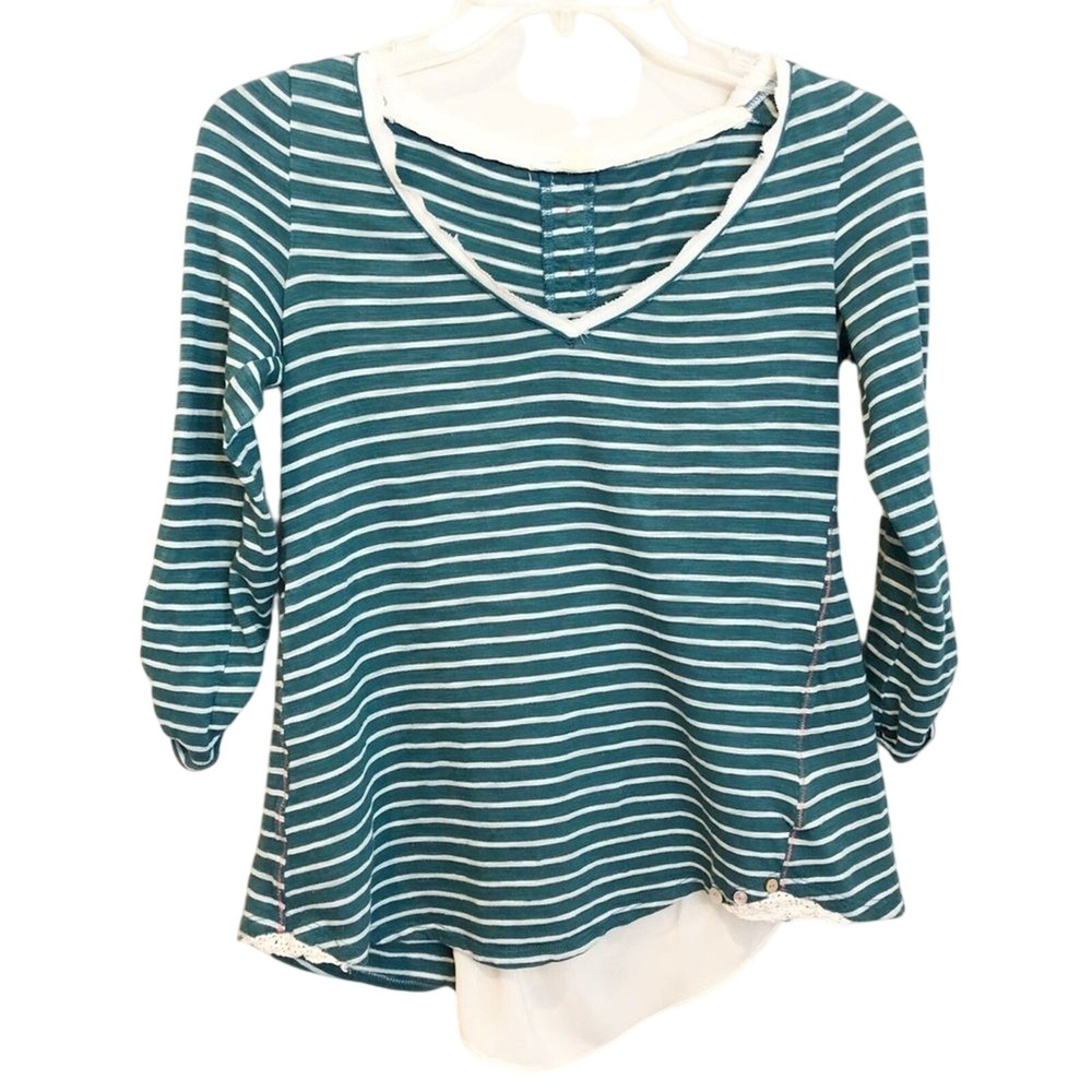 Meadow Rue Anthropologie Teal Striped Lace Back V-Neck Knit Top XS